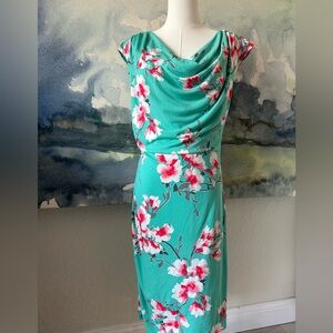 Ronni Nicole Dress Womens 10 Green Floral Print Cowl Neck Ruched